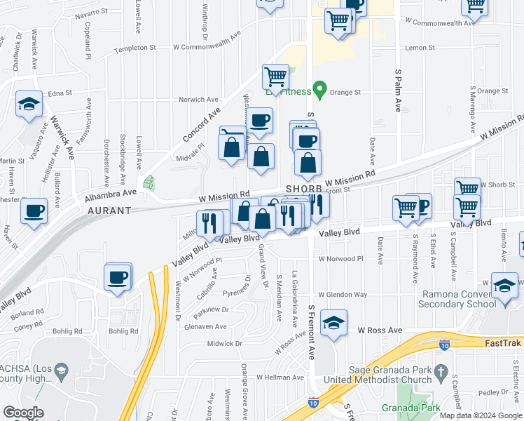 map of restaurants, bars, coffee shops, grocery stores, and more near 2820 Front Street in Alhambra