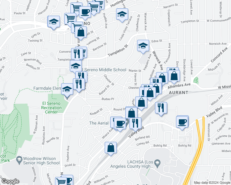 map of restaurants, bars, coffee shops, grocery stores, and more near 2639 Round Drive in Los Angeles