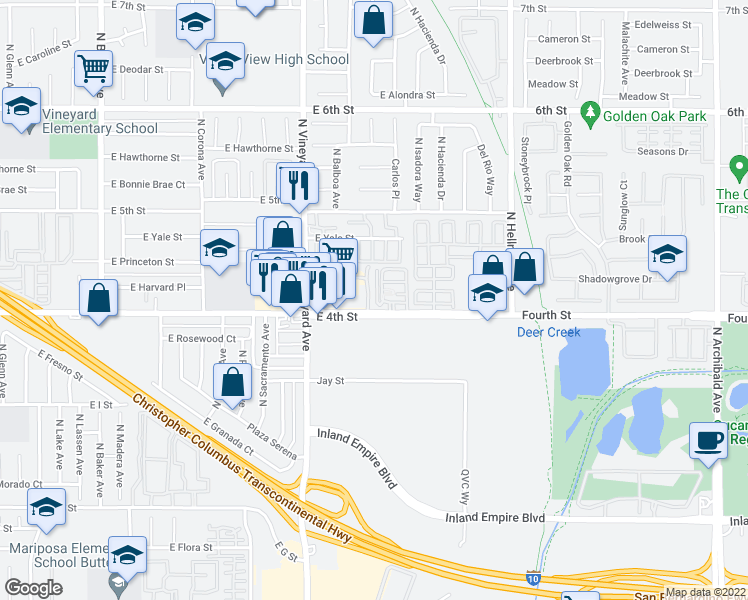 map of restaurants, bars, coffee shops, grocery stores, and more near 1120 North Solano Privado in Ontario