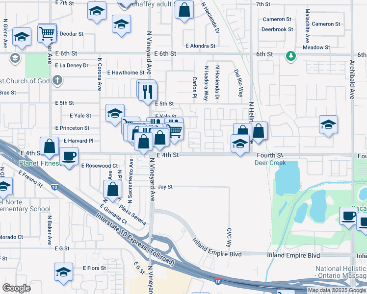 map of restaurants, bars, coffee shops, grocery stores, and more near 1120 North Solano Privado in Ontario