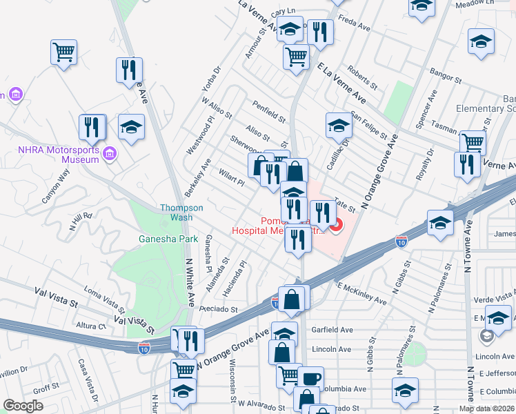 map of restaurants, bars, coffee shops, grocery stores, and more near 291 West Artesia Street in Pomona