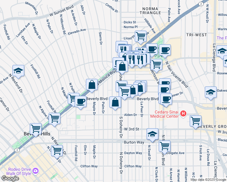 map of restaurants, bars, coffee shops, grocery stores, and more near 435 North Oakhurst Drive in Beverly Hills