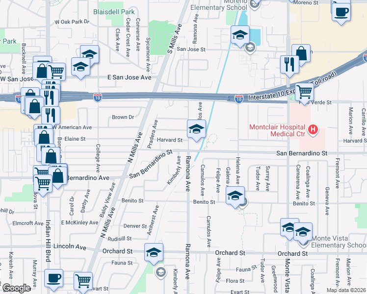 map of restaurants, bars, coffee shops, grocery stores, and more near 4478 San Bernardino Street in Montclair