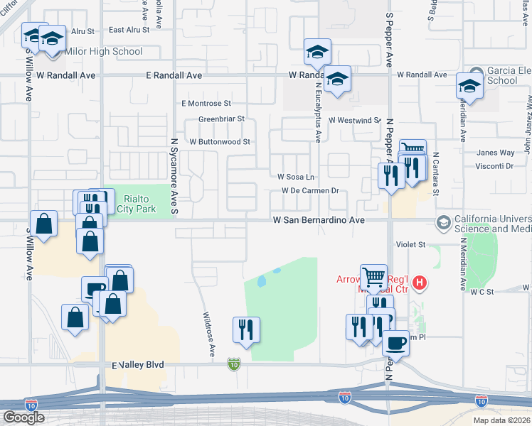 map of restaurants, bars, coffee shops, grocery stores, and more near 1048 North Christobal Lane in Colton