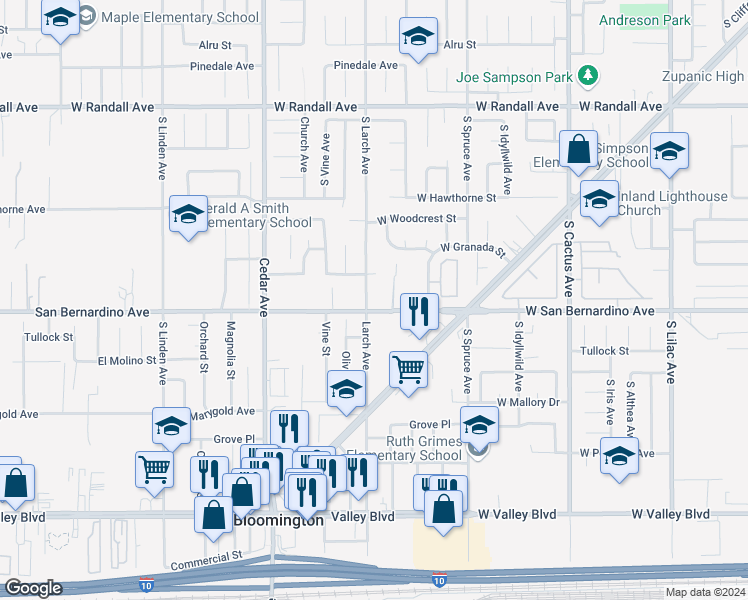 map of restaurants, bars, coffee shops, grocery stores, and more near 9659 Larch Avenue in Bloomington