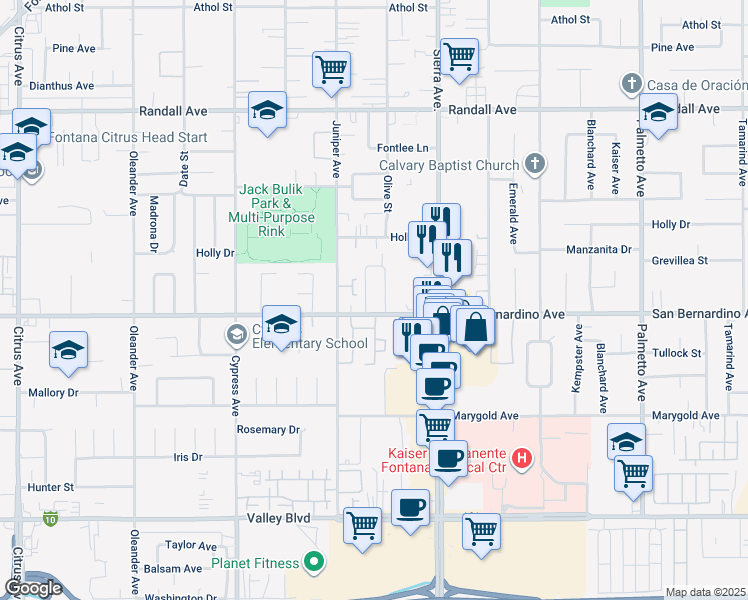 map of restaurants, bars, coffee shops, grocery stores, and more near Unnamed Road in Fontana