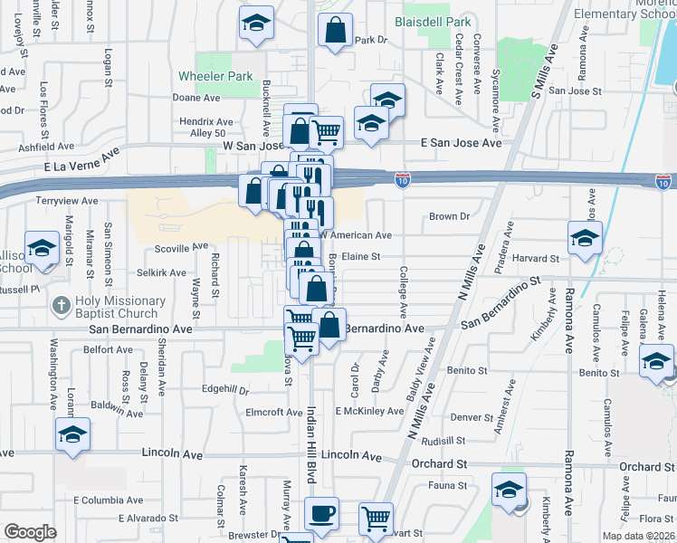 map of restaurants, bars, coffee shops, grocery stores, and more near 1889 Bonnie Brae Street in Pomona
