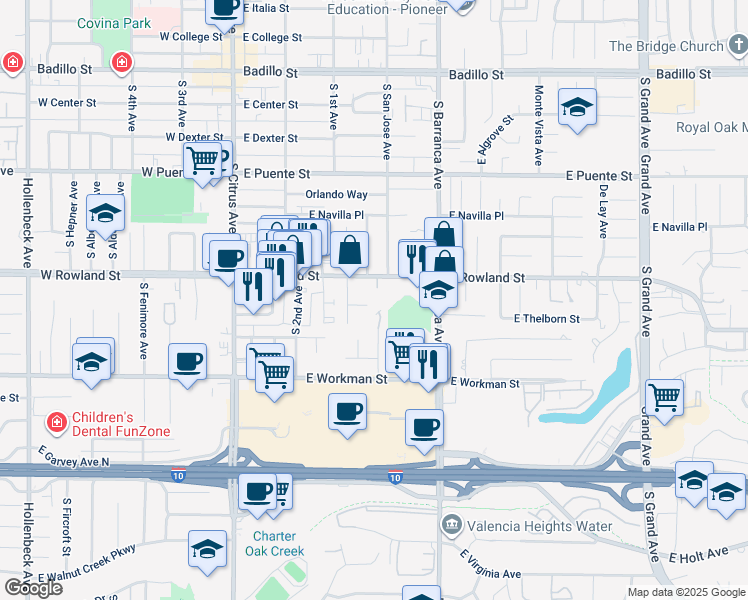 map of restaurants, bars, coffee shops, grocery stores, and more near 382 East Rowland Street in Covina