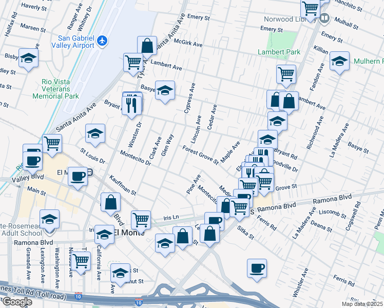 map of restaurants, bars, coffee shops, grocery stores, and more near 11218 Forest Grove Street in El Monte