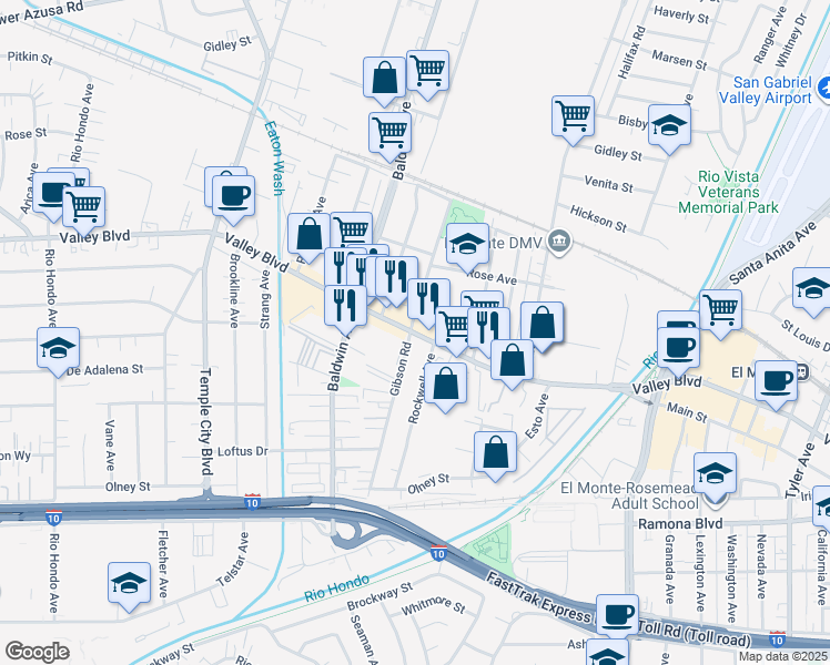 map of restaurants, bars, coffee shops, grocery stores, and more near in El Monte