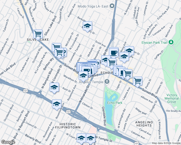 map of restaurants, bars, coffee shops, grocery stores, and more near 2136 Elsinore Street in Los Angeles