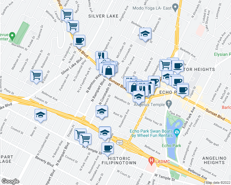 map of restaurants, bars, coffee shops, grocery stores, and more near 1018 North Coronado Street in Los Angeles