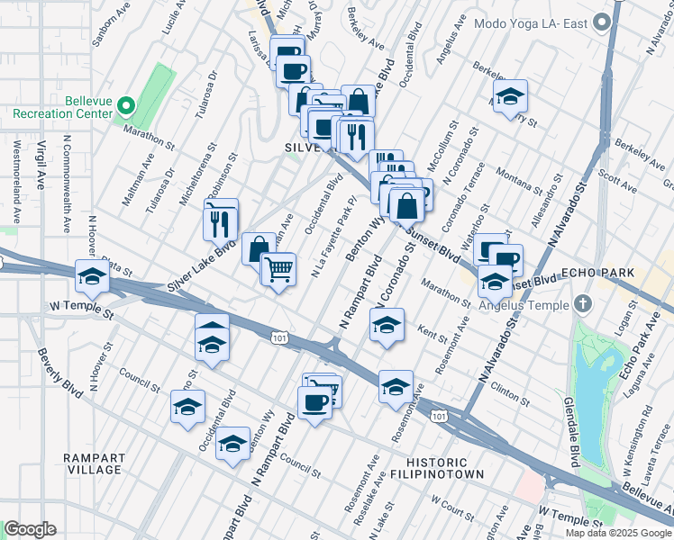 map of restaurants, bars, coffee shops, grocery stores, and more near 718 North La Fayette Park Place in Los Angeles