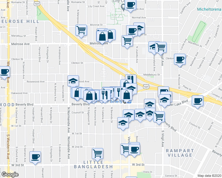 map of restaurants, bars, coffee shops, grocery stores, and more near 4126 Rosewood Avenue in Los Angeles