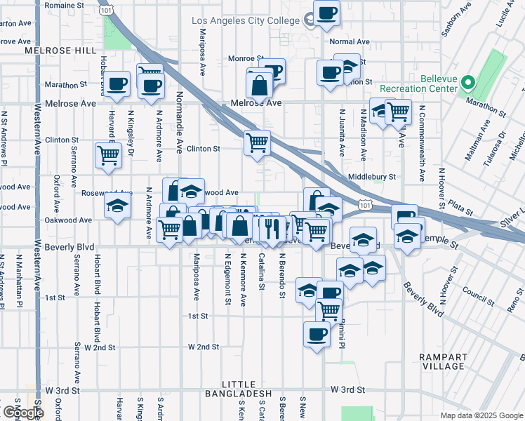 map of restaurants, bars, coffee shops, grocery stores, and more near 429 North Heliotrope Drive in Los Angeles