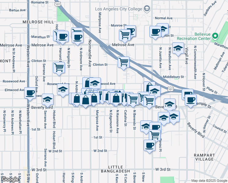 map of restaurants, bars, coffee shops, grocery stores, and more near 4205 Alexandria Place in Los Angeles