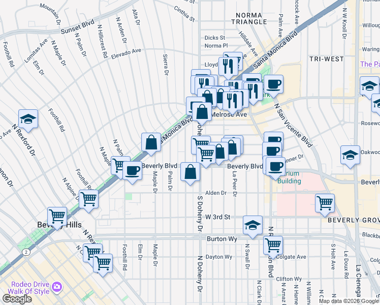 map of restaurants, bars, coffee shops, grocery stores, and more near 440 North Oakhurst Drive in Beverly Hills