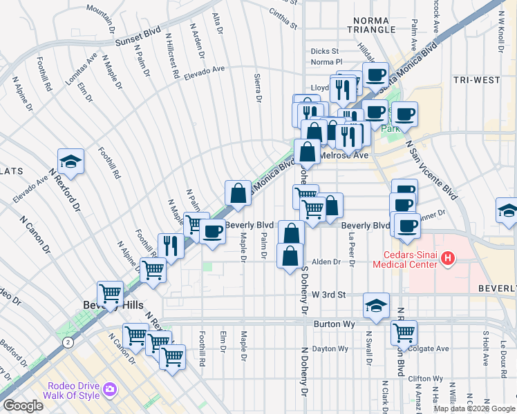 map of restaurants, bars, coffee shops, grocery stores, and more near 450 North Palm Drive in Beverly Hills