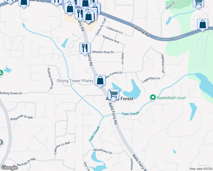 map of restaurants, bars, coffee shops, grocery stores, and more near 5184 Bells Ferry Road in Acworth