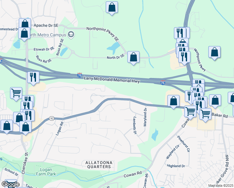 map of restaurants, bars, coffee shops, grocery stores, and more near 4068 Cottage Oaks Drive in Acworth