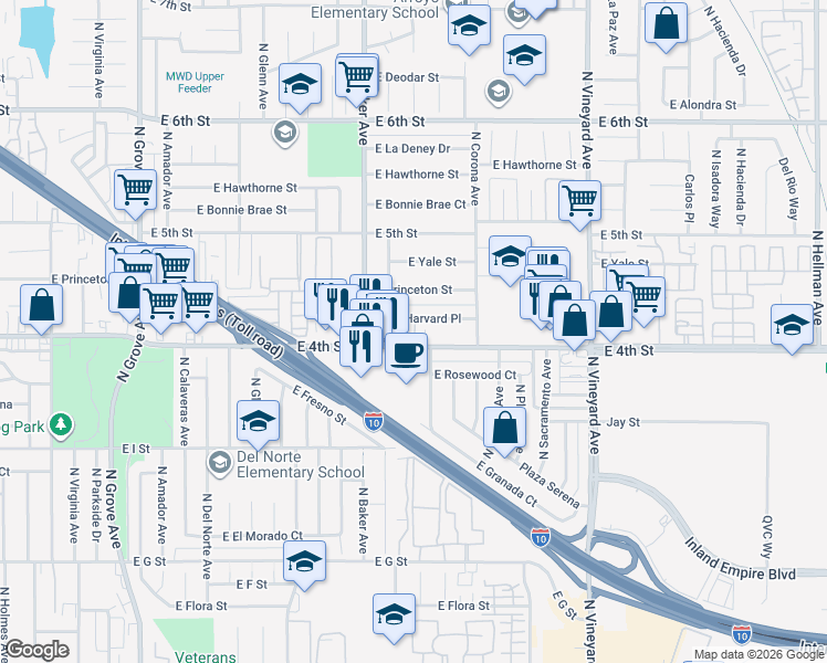 map of restaurants, bars, coffee shops, grocery stores, and more near 1672 East Harvard Place in Ontario