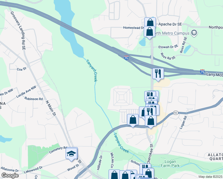 map of restaurants, bars, coffee shops, grocery stores, and more near 4630 Liberty Square Drive in Acworth