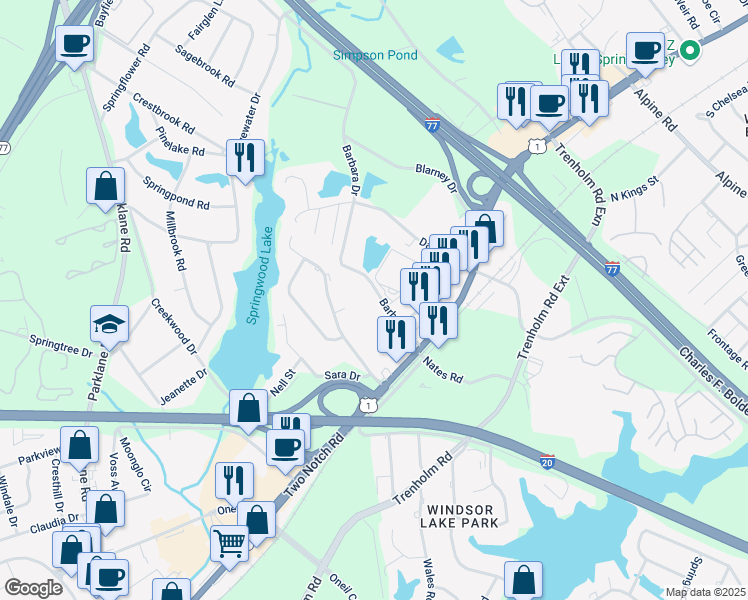 map of restaurants, bars, coffee shops, grocery stores, and more near 1563 Barbara Drive in Columbia
