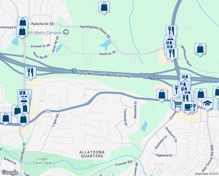 map of restaurants, bars, coffee shops, grocery stores, and more near 4068 Cottage Oaks Drive in Acworth