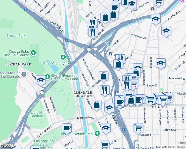 map of restaurants, bars, coffee shops, grocery stores, and more near 342 North San Fernando Road in Los Angeles