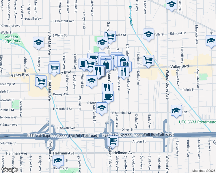 map of restaurants, bars, coffee shops, grocery stores, and more near 1717 South San Gabriel Boulevard in San Gabriel