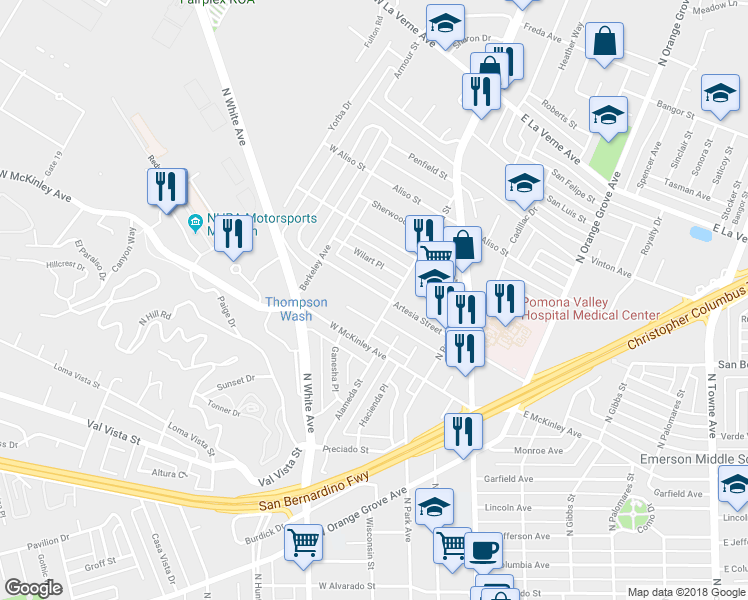 map of restaurants, bars, coffee shops, grocery stores, and more near 318 West Artesia Street in Pomona