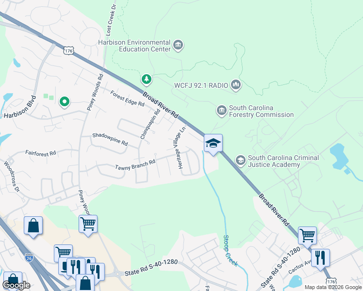 map of restaurants, bars, coffee shops, grocery stores, and more near 188 Heritage Village Lane in Columbia
