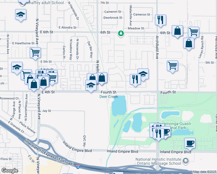 map of restaurants, bars, coffee shops, grocery stores, and more near 9378 Glenaire Court in Rancho Cucamonga