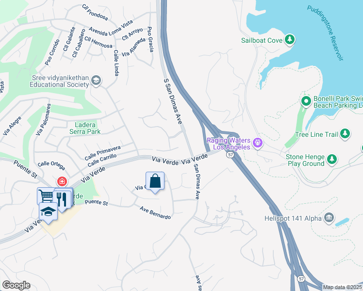 map of restaurants, bars, coffee shops, grocery stores, and more near 503 Calle Santa Barbara in San Dimas