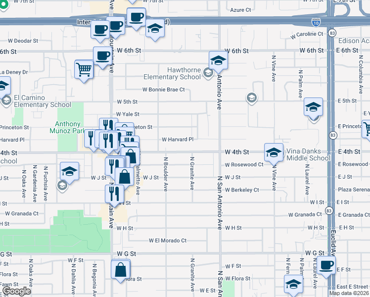 map of restaurants, bars, coffee shops, grocery stores, and more near 822 West 4th Street in Ontario