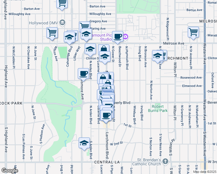 map of restaurants, bars, coffee shops, grocery stores, and more near 435 North Gower Street in Los Angeles