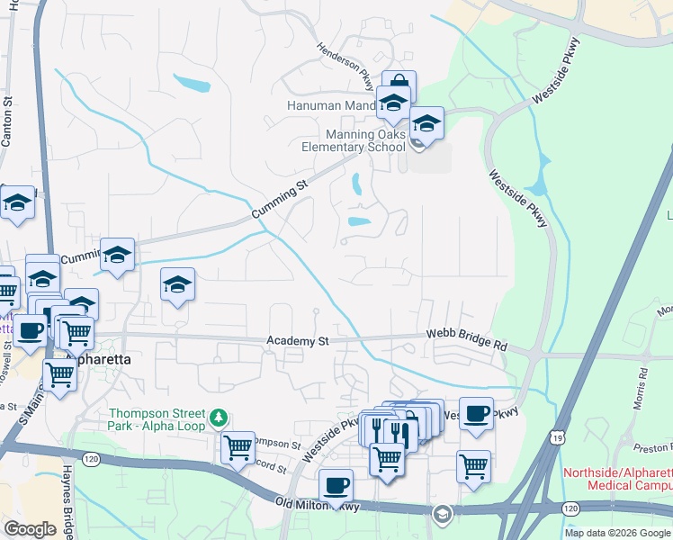 map of restaurants, bars, coffee shops, grocery stores, and more near 440 Brown Thrasher Court in Alpharetta