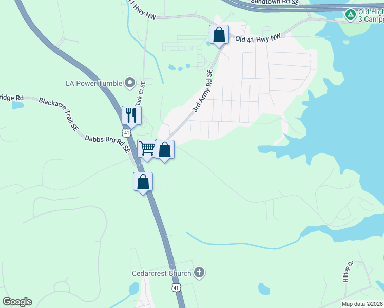 map of restaurants, bars, coffee shops, grocery stores, and more near 188 Wood Lane in Acworth