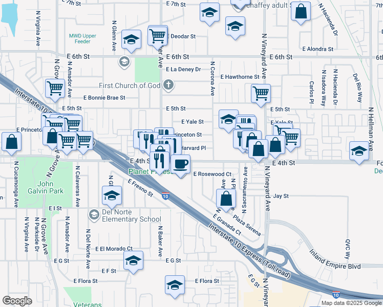 map of restaurants, bars, coffee shops, grocery stores, and more near 1685 East 4th Street in Ontario