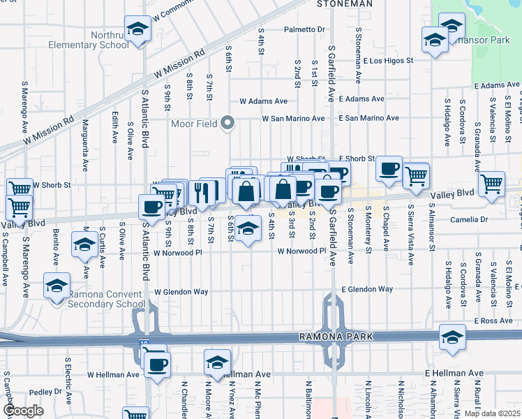 map of restaurants, bars, coffee shops, grocery stores, and more near 501 West Valley Boulevard in Alhambra