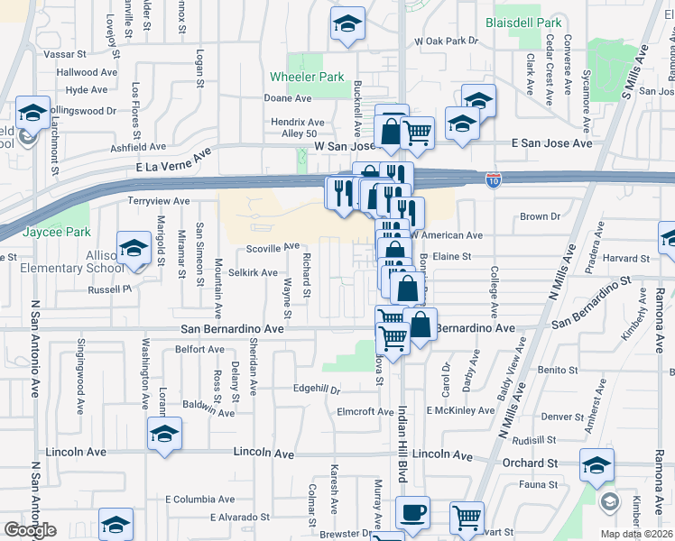 map of restaurants, bars, coffee shops, grocery stores, and more near 1830 Benedict Way in Pomona