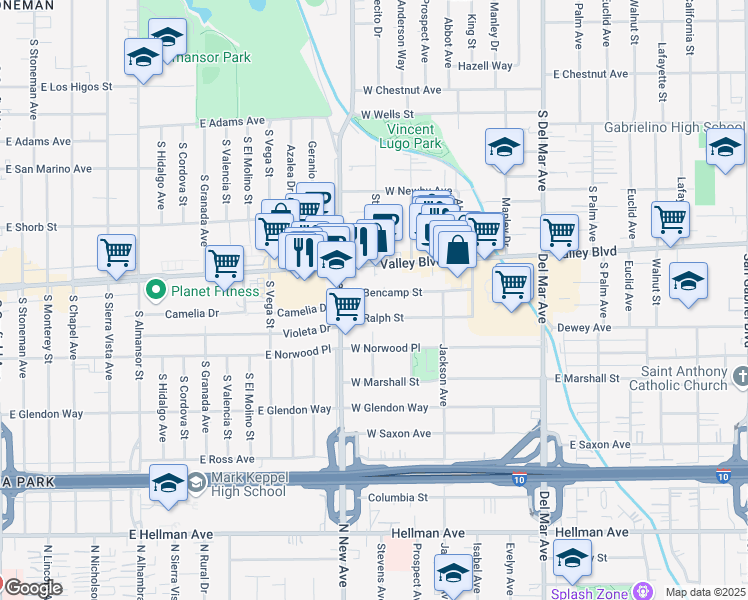 map of restaurants, bars, coffee shops, grocery stores, and more near 500 West Bencamp Street in San Gabriel