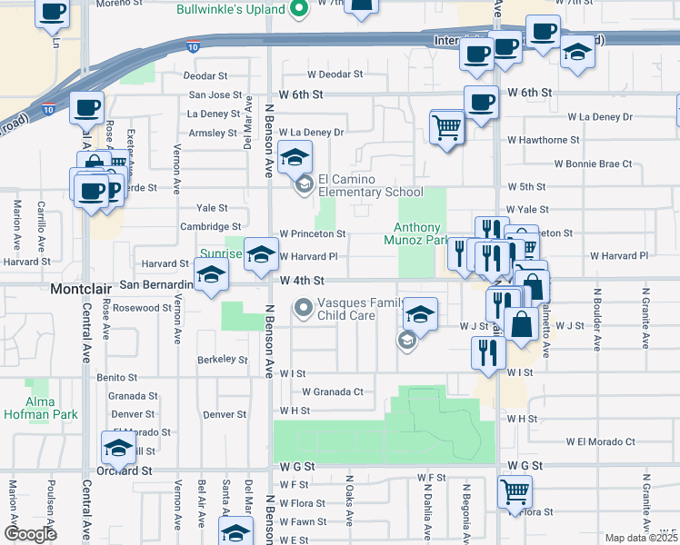 map of restaurants, bars, coffee shops, grocery stores, and more near 1416 West 4th Street in Ontario