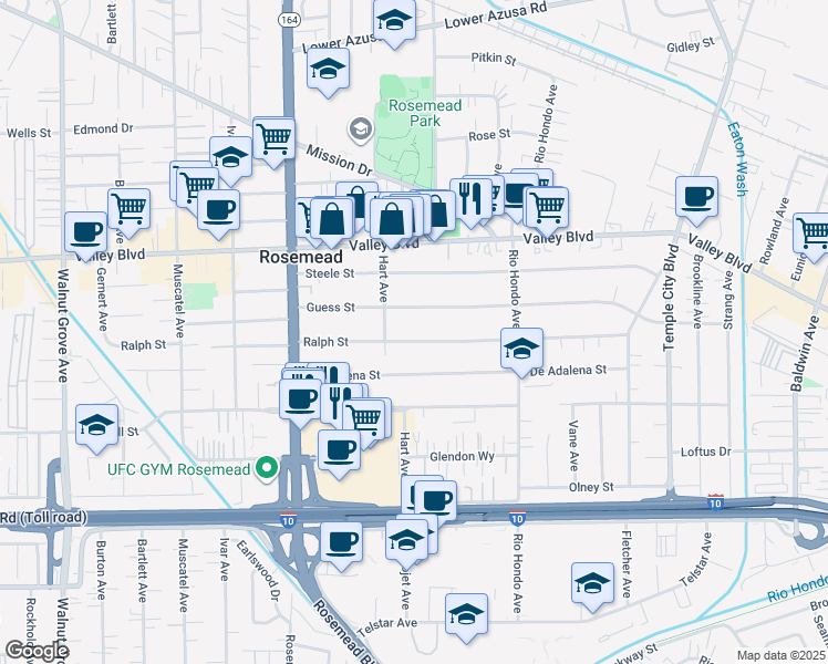 map of restaurants, bars, coffee shops, grocery stores, and more near 9248 Guess Street in Rosemead