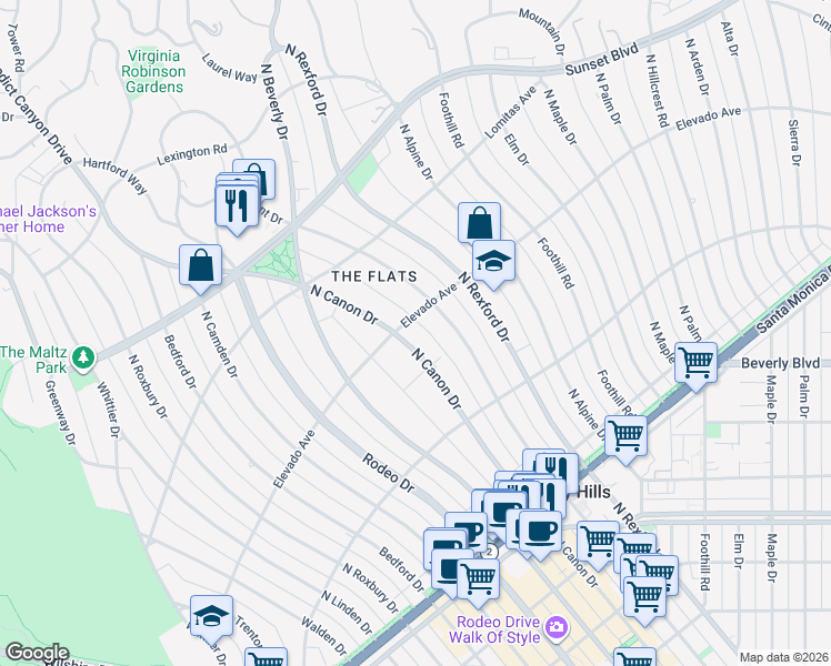 map of restaurants, bars, coffee shops, grocery stores, and more near 626 North Canon Drive in Beverly Hills
