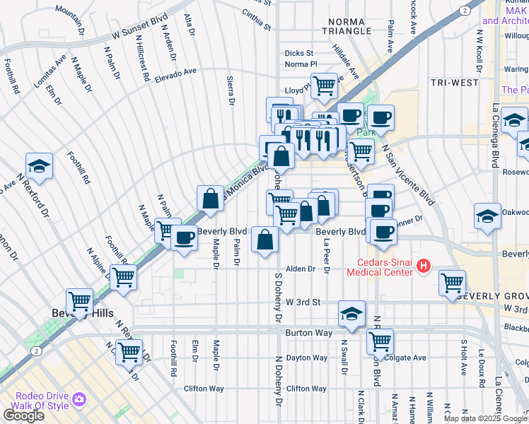 map of restaurants, bars, coffee shops, grocery stores, and more near 432 North Oakhurst Drive in Beverly Hills