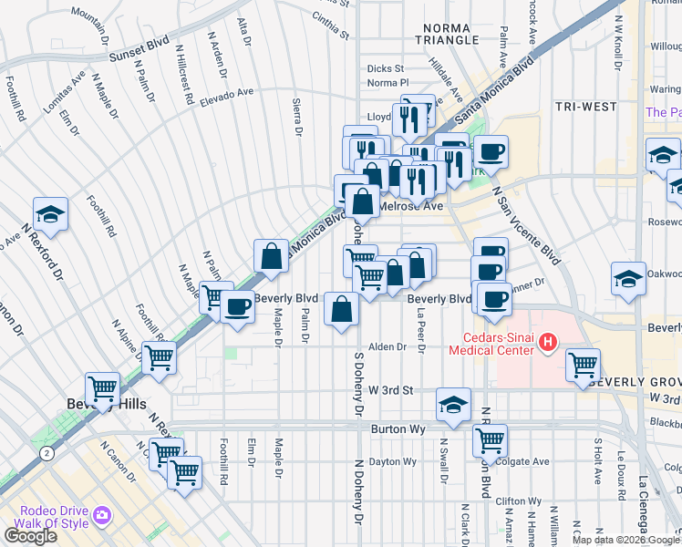 map of restaurants, bars, coffee shops, grocery stores, and more near 432 North Oakhurst Drive in Beverly Hills