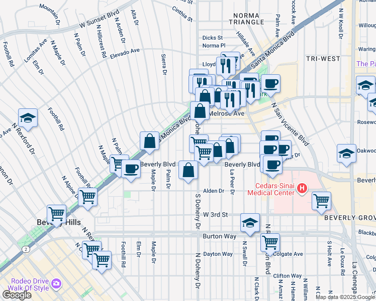 map of restaurants, bars, coffee shops, grocery stores, and more near 440 North Oakhurst Drive in Beverly Hills