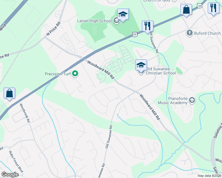 map of restaurants, bars, coffee shops, grocery stores, and more near 4231 Woodward Walk Lane in Buford