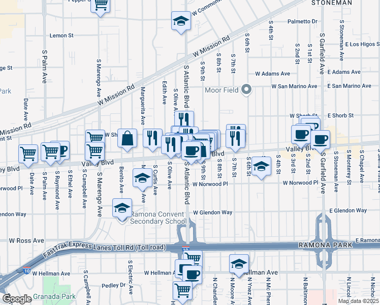 map of restaurants, bars, coffee shops, grocery stores, and more near 1224 South Atlantic Boulevard in Alhambra